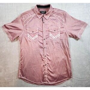 Buckle Black Button Up Shirt Large Short Sleeve Athletic Stretch Burgundy White